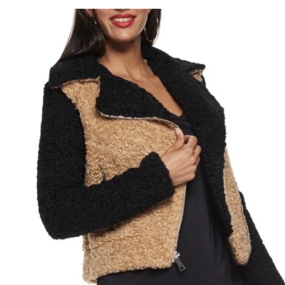 Nine‎ West Teddy Moto Jacket Black Tan Faux Fur Sherpa sz XL